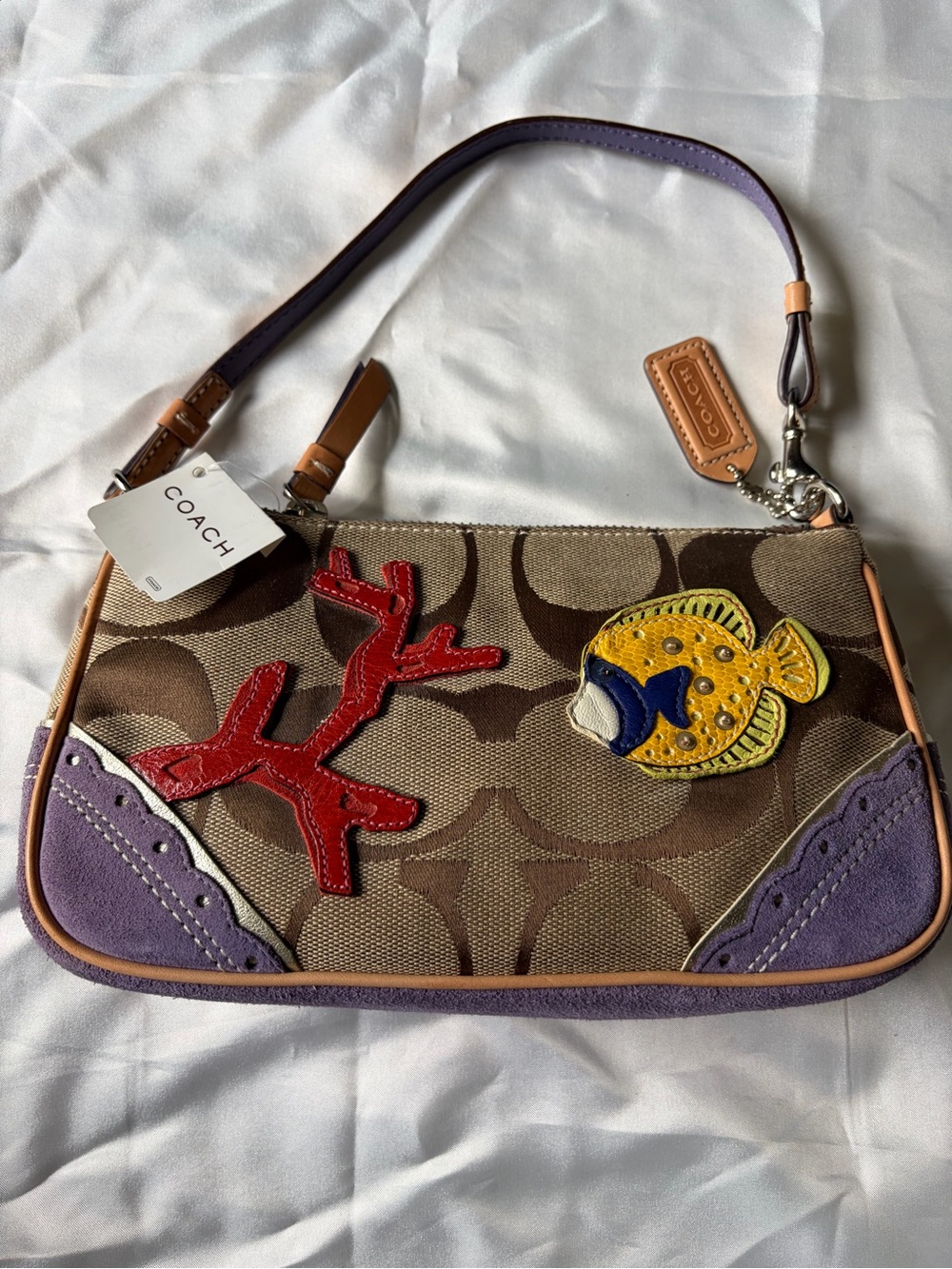 Coach Signature Canvas Handbag with Purple Trim and Nautical Appliqués